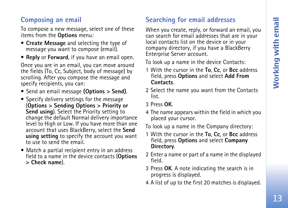 Composing an email, Searching for email addresses, Working with email | Nokia E62 User Manual | Page 15 / 18