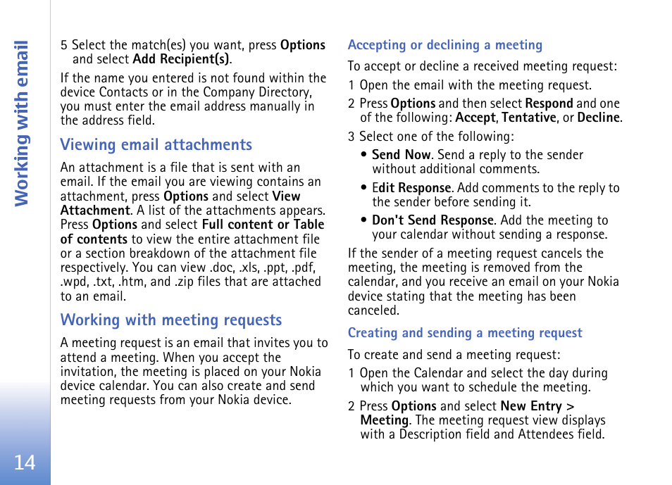 Viewing email attachments, Working with meeting requests, Accepting or declining a meeting | Creating and sending a meeting request, Working with email | Nokia E62 User Manual | Page 16 / 18