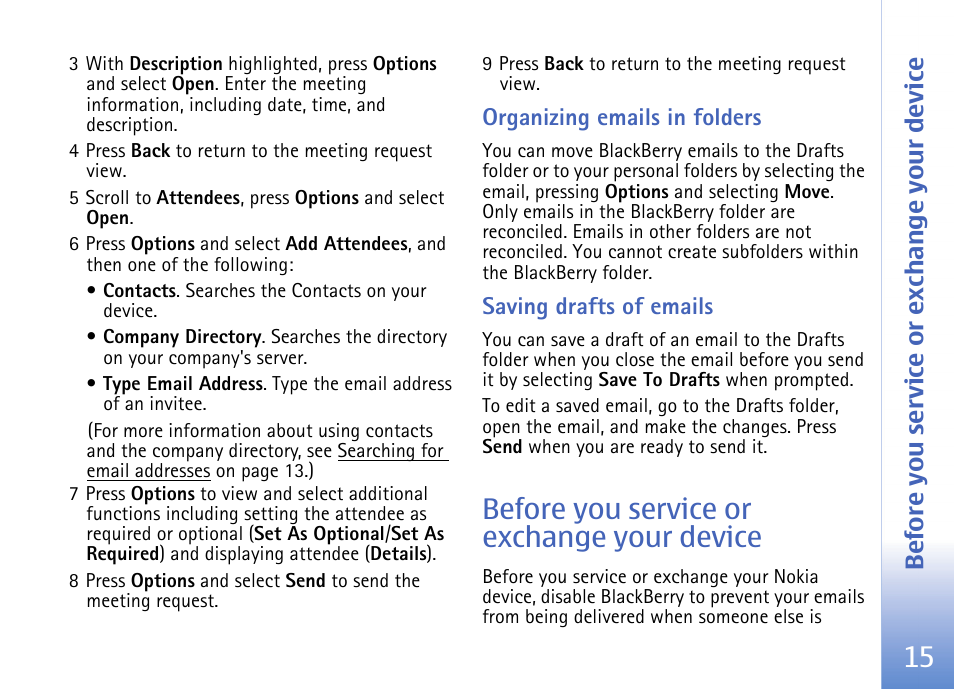 Organizing emails in folders, Saving drafts of emails, Before you service or exchange your device | Nokia E62 User Manual | Page 17 / 18