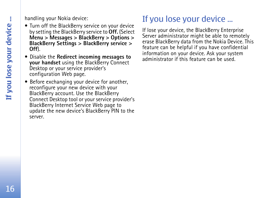 If you lose your device | Nokia E62 User Manual | Page 18 / 18