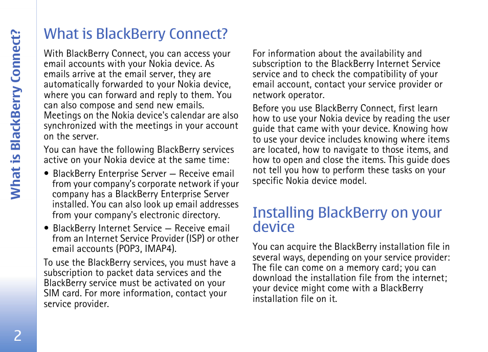 What is blackberry connect, Installing blackberry on your device, 2what is blackberry connect | Nokia E62 User Manual | Page 4 / 18