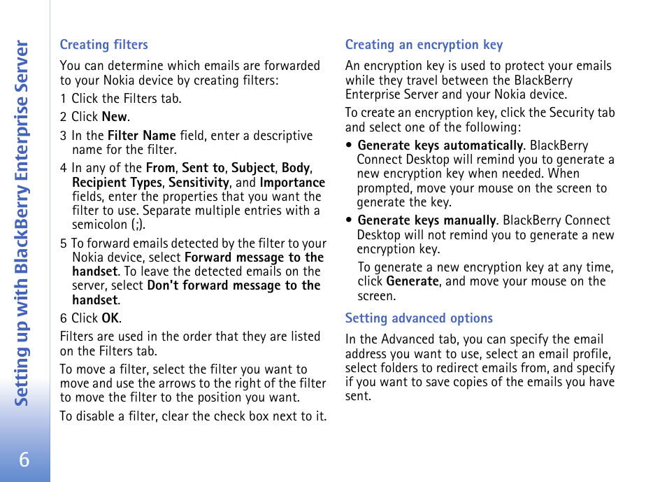 Creating filters, Creating an encryption key, Setting advanced options | Setting up with blackb erry enterprise server | Nokia E62 User Manual | Page 8 / 18