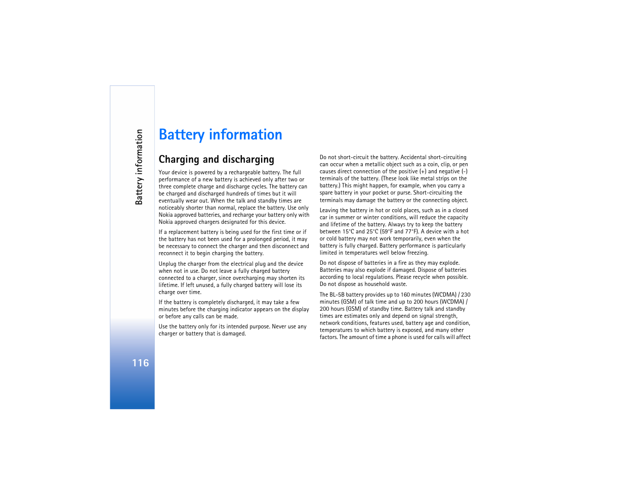 Battery information, Charging and discharging | Nokia N80 Internet Edition User Manual | Page 117 / 131