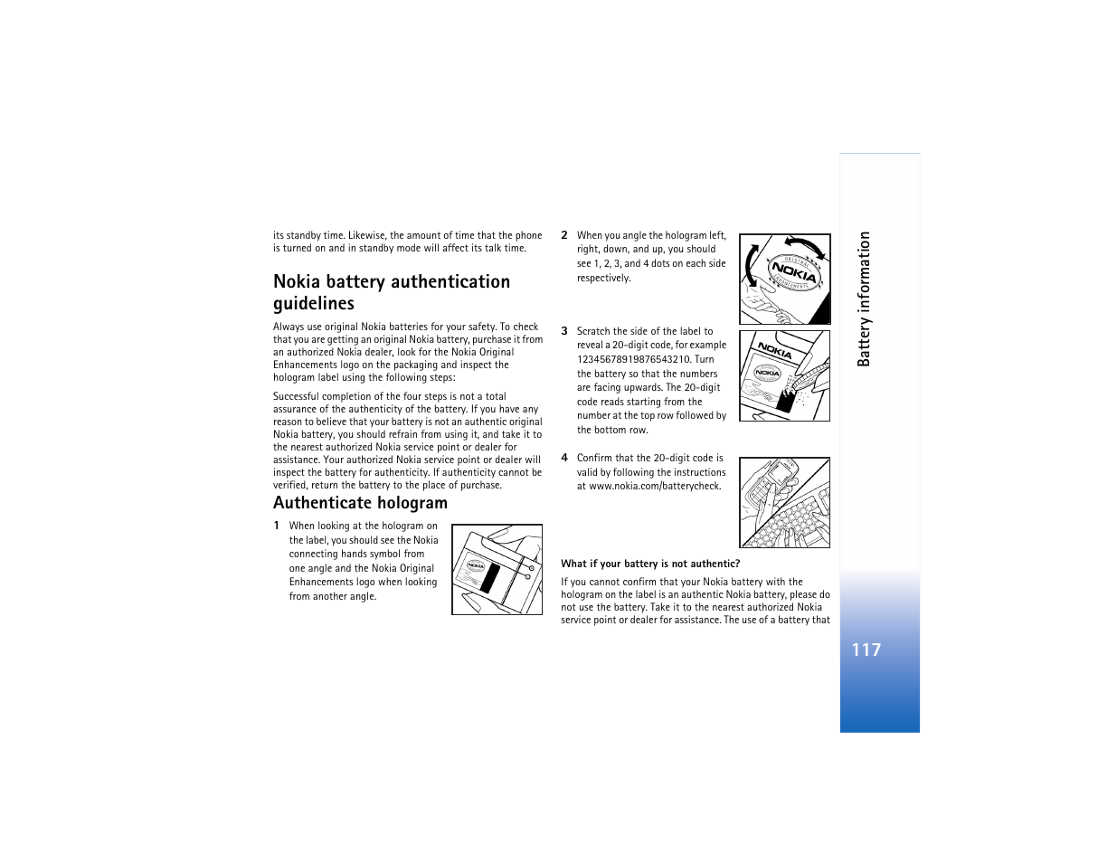 Nokia battery authentication guidelines, Authenticate hologram | Nokia N80 Internet Edition User Manual | Page 118 / 131