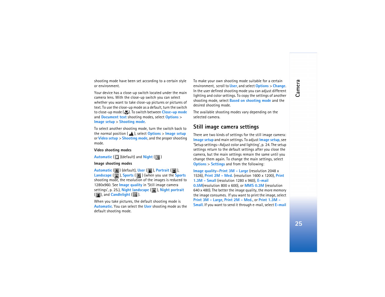 Camera, Still image camera settings | Nokia N80 Internet Edition User Manual | Page 26 / 131