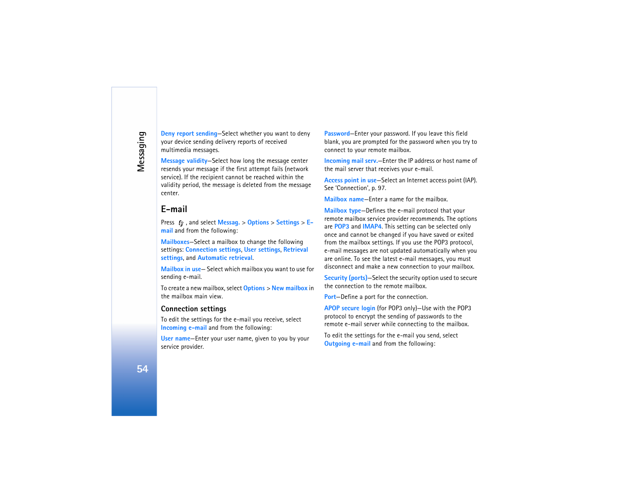 So ‘e-mail, Messaging, E-mail | Nokia N80 Internet Edition User Manual | Page 55 / 131