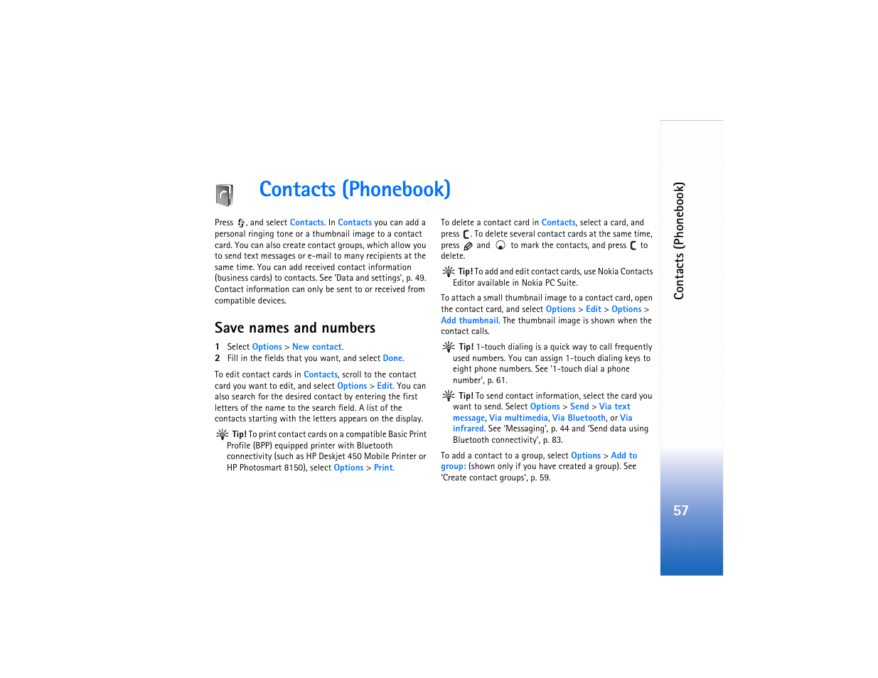 Contacts (phonebook), Save names and numbers | Nokia N80 Internet Edition User Manual | Page 58 / 131