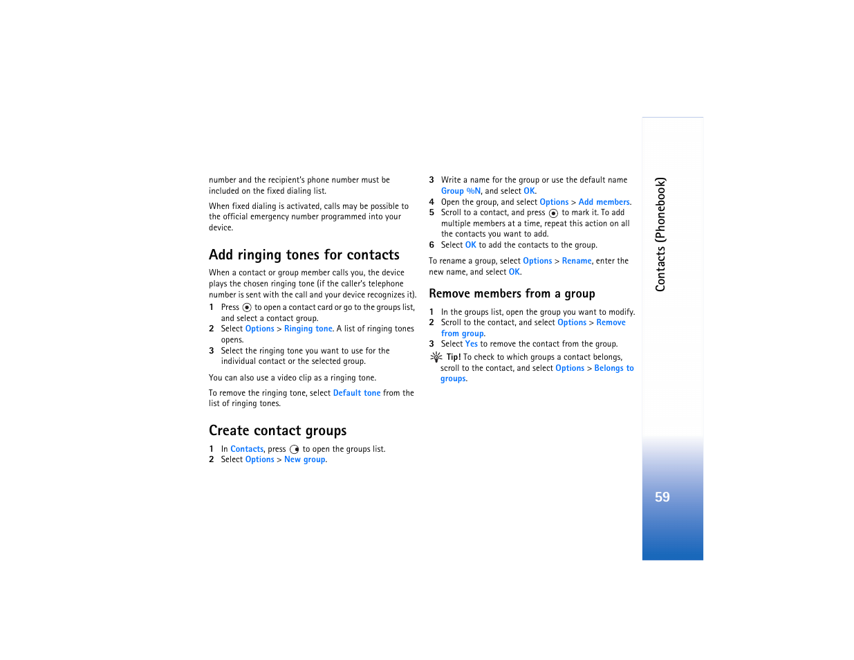 Add ringing tones for contacts, Create contact groups, Contacts (phonebook) | Remove members from a group | Nokia N80 Internet Edition User Manual | Page 60 / 131