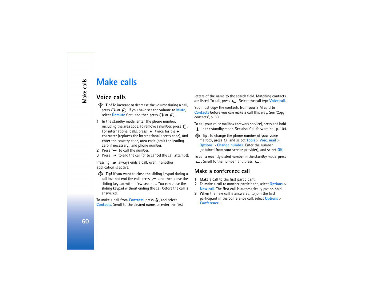 Make calls, Voice calls, Make a conference call | Nokia N80 Internet Edition User Manual | Page 61 / 131