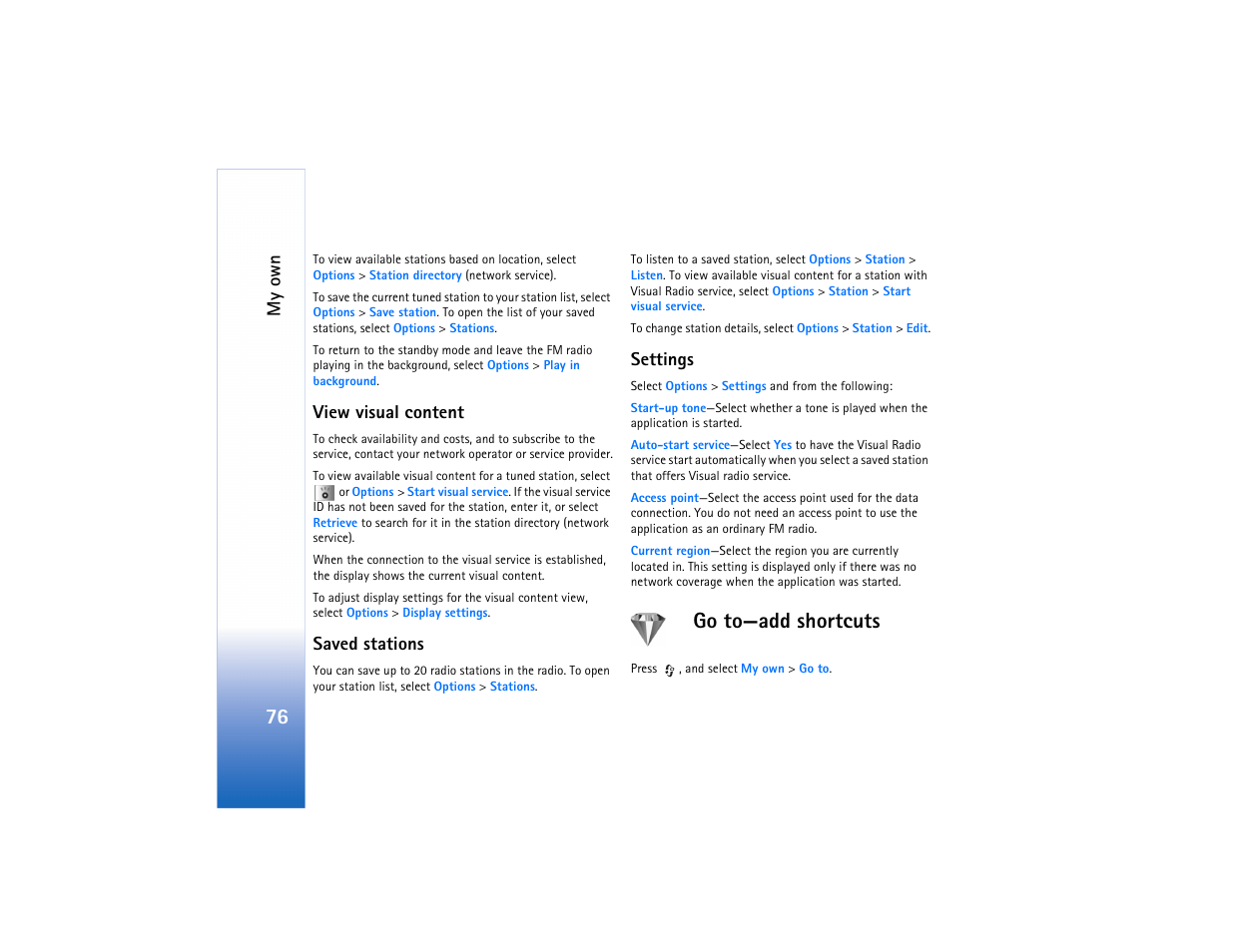 Go to, Go to—add shortcuts, My own | View visual content, Saved stations, Settings | Nokia N80 Internet Edition User Manual | Page 77 / 131