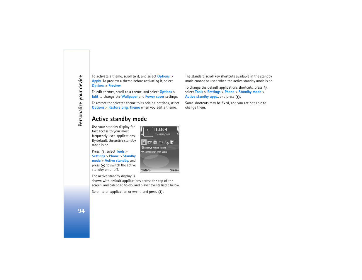 Active standby, Active standby mode, Active standby mode,", p. 94 | Ns, see ‘active standby mode’, p. 94, Pers onalize your device | Nokia N80 Internet Edition User Manual | Page 95 / 131
