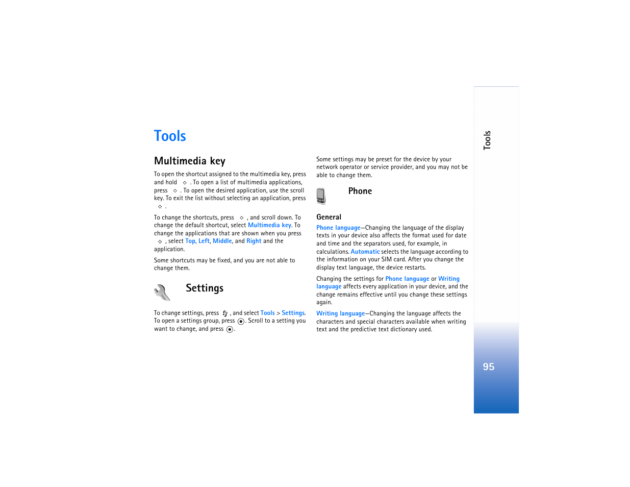 Tools, Multimedia key, Settings | Multimedia key settings | Nokia N80 Internet Edition User Manual | Page 96 / 131
