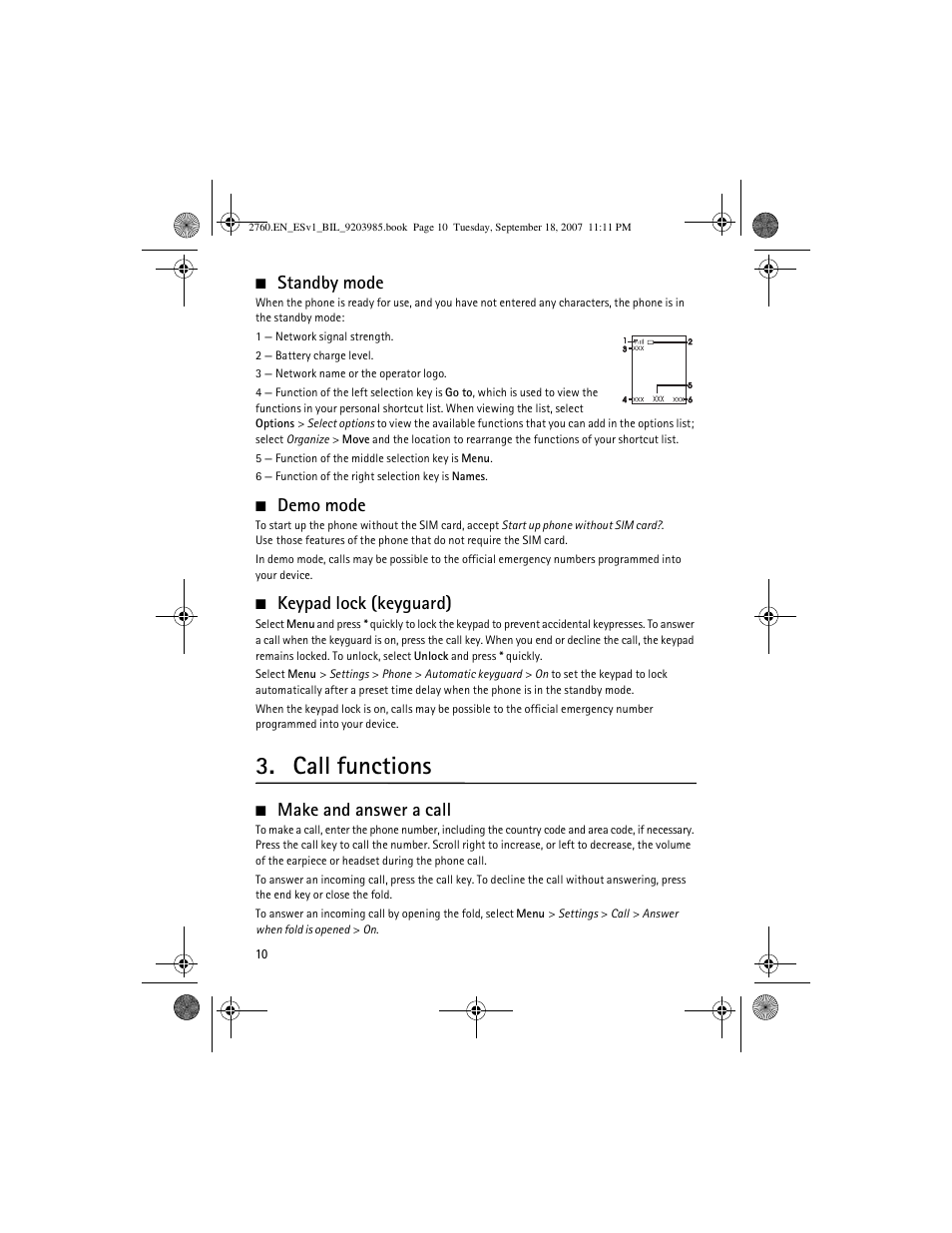 Standby mode, Demo mode, Keypad lock (keyguard) | Call functions, Make and answer a call, Standby mode demo mode keypad lock (keyguard) | Nokia 2760 User Manual | Page 10 / 69