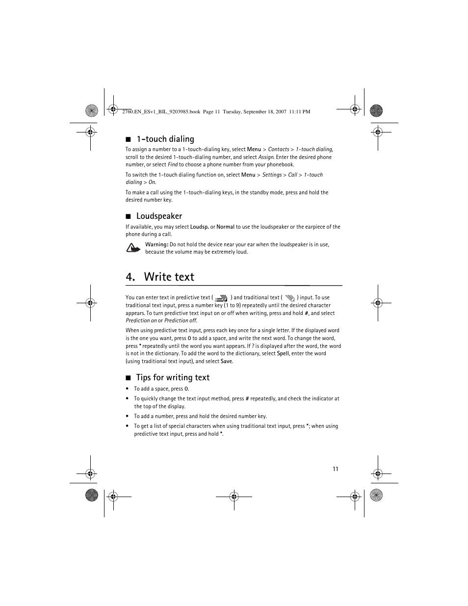 Touch dialing, Loudspeaker, Write text | Tips for writing text, Touch dialing loudspeaker | Nokia 2760 User Manual | Page 11 / 69