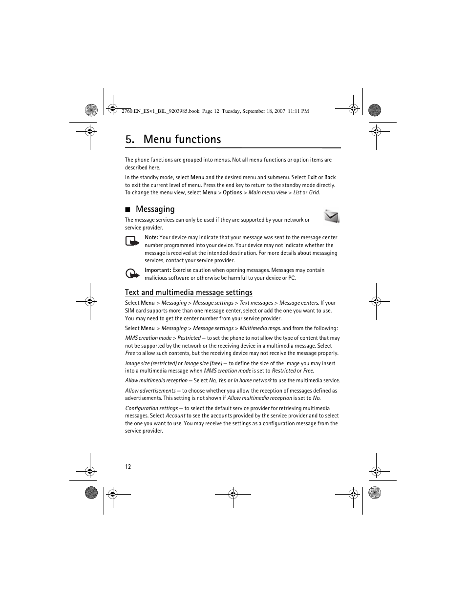 Menu functions, Messaging, Text and multimedia message settings | Nokia 2760 User Manual | Page 12 / 69