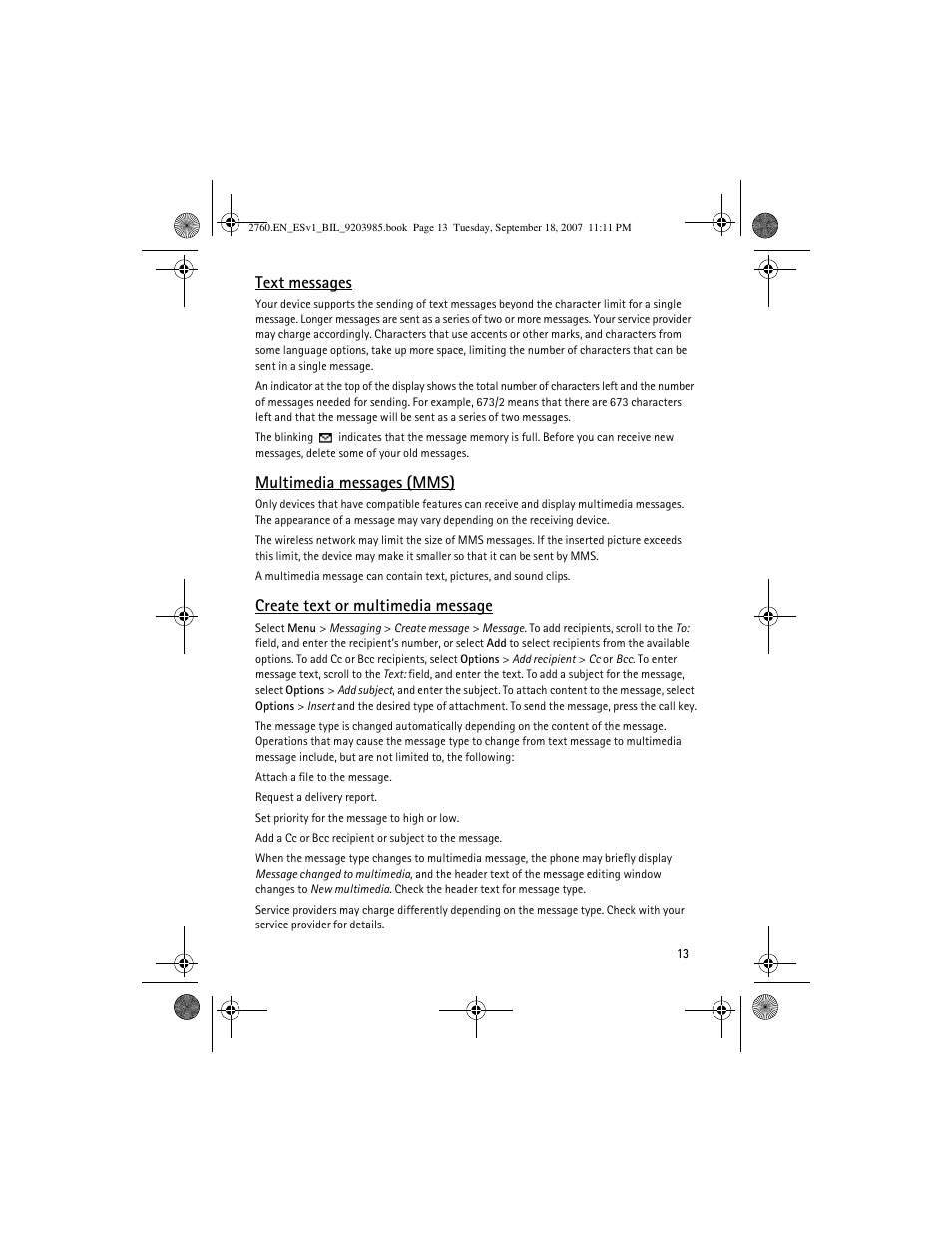 Text messages, Multimedia messages (mms), Create text or multimedia message | Nokia 2760 User Manual | Page 13 / 69