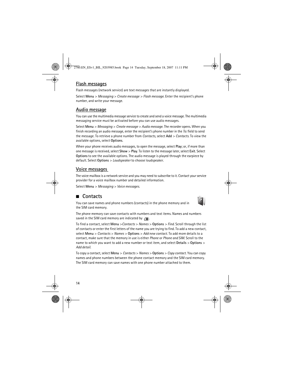 Contacts, Flash messages, Audio message | Voice messages | Nokia 2760 User Manual | Page 14 / 69