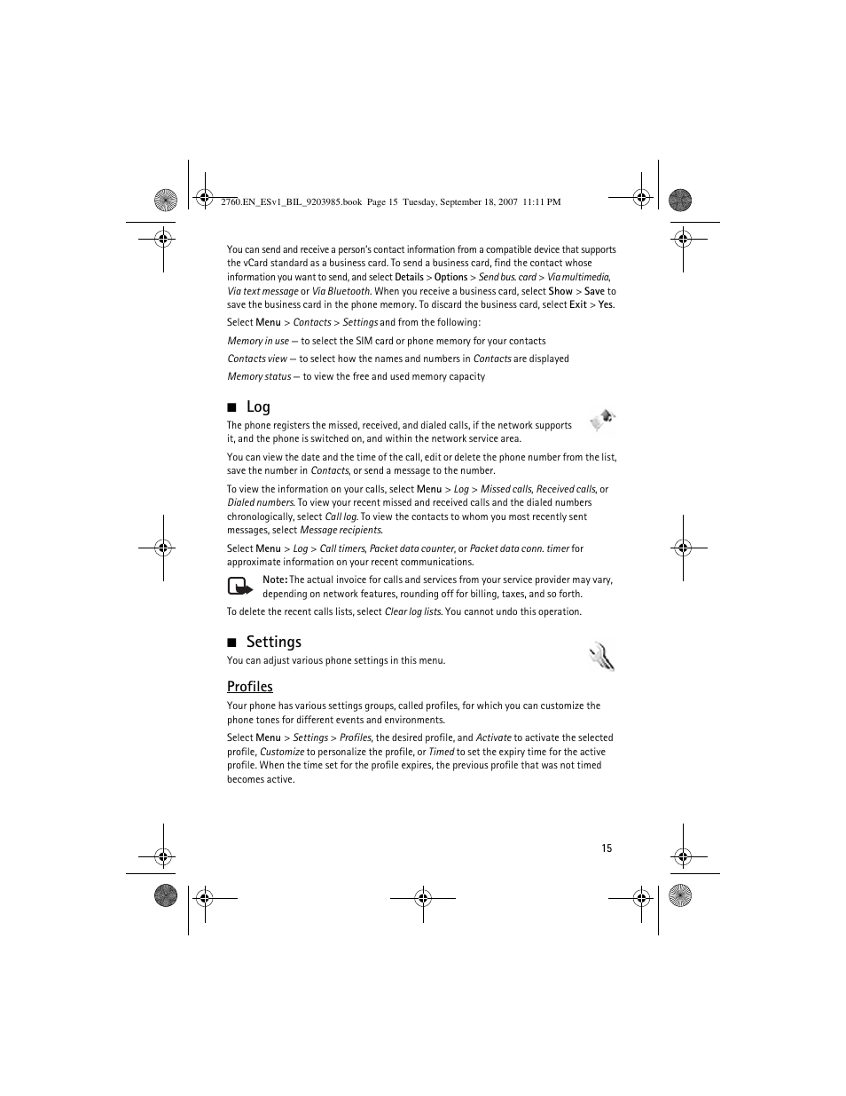 Settings, Log settings, Profiles | Nokia 2760 User Manual | Page 15 / 69