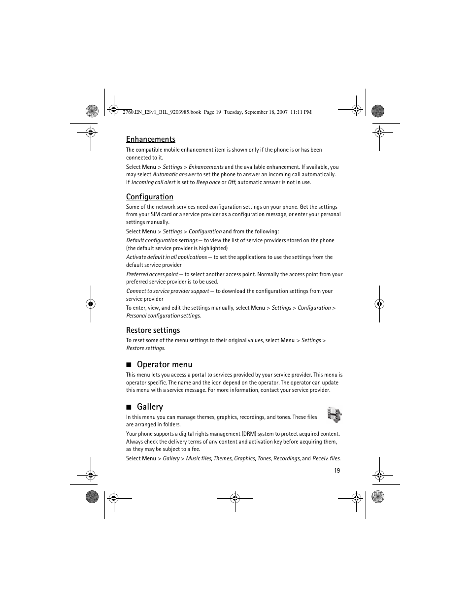 Operator menu, Gallery, Operator menu gallery | Enhancements, Configuration, Restore settings | Nokia 2760 User Manual | Page 19 / 69