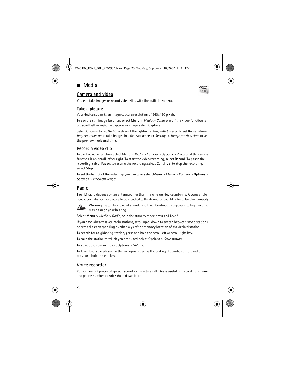 Media, Camera and video, Radio | Voice recorder | Nokia 2760 User Manual | Page 20 / 69