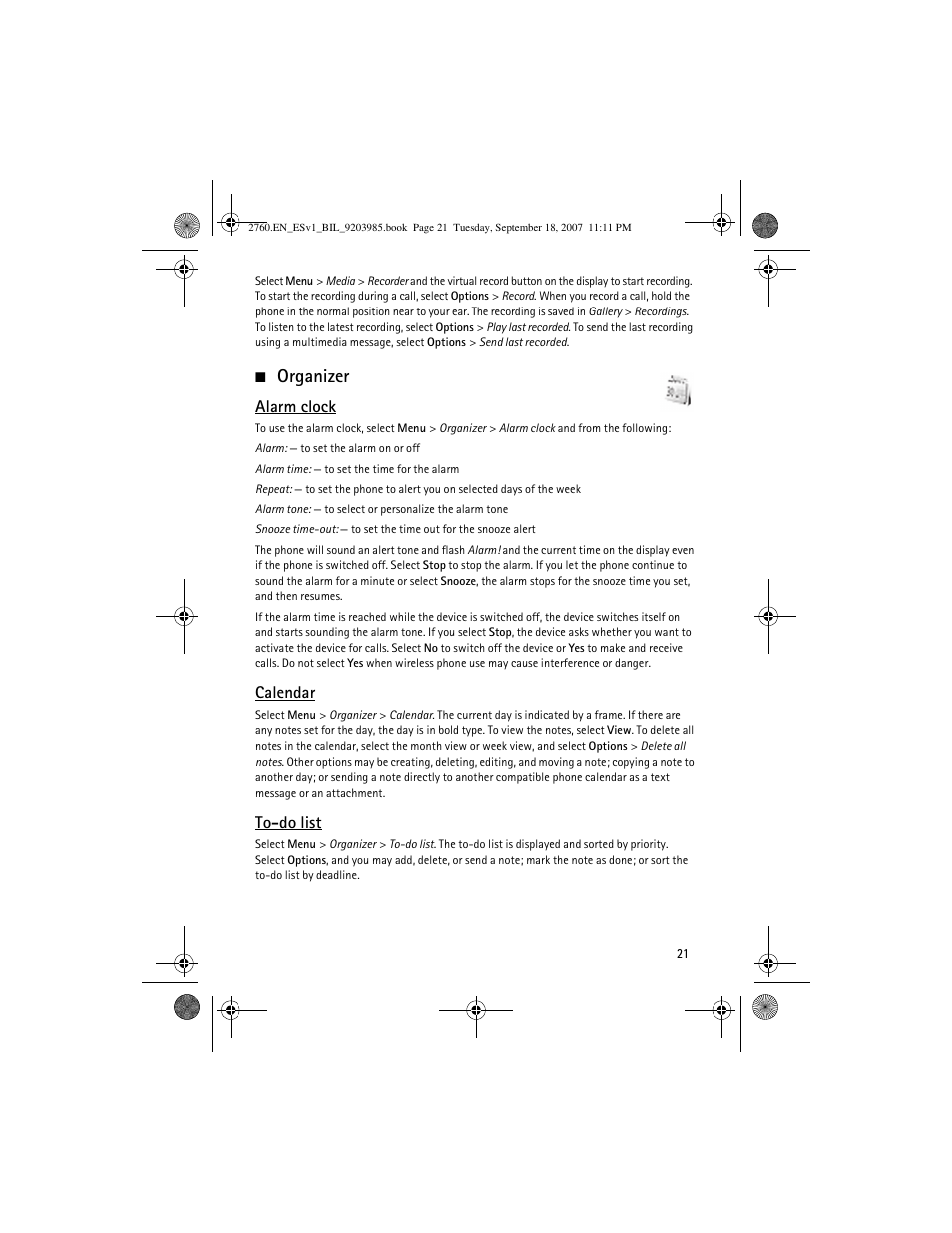 Organizer, Alarm clock, Calendar | To-do list | Nokia 2760 User Manual | Page 21 / 69