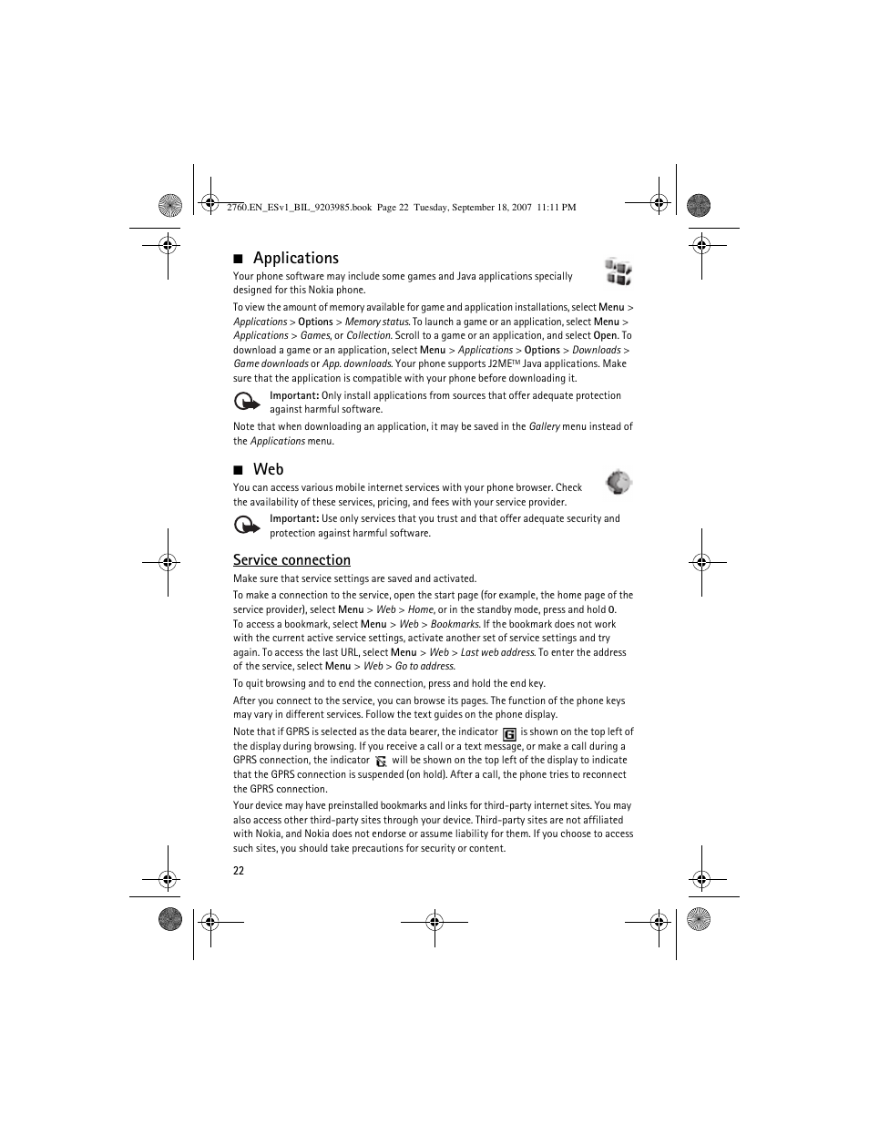 Applications, Applications web, Service connection | Nokia 2760 User Manual | Page 22 / 69