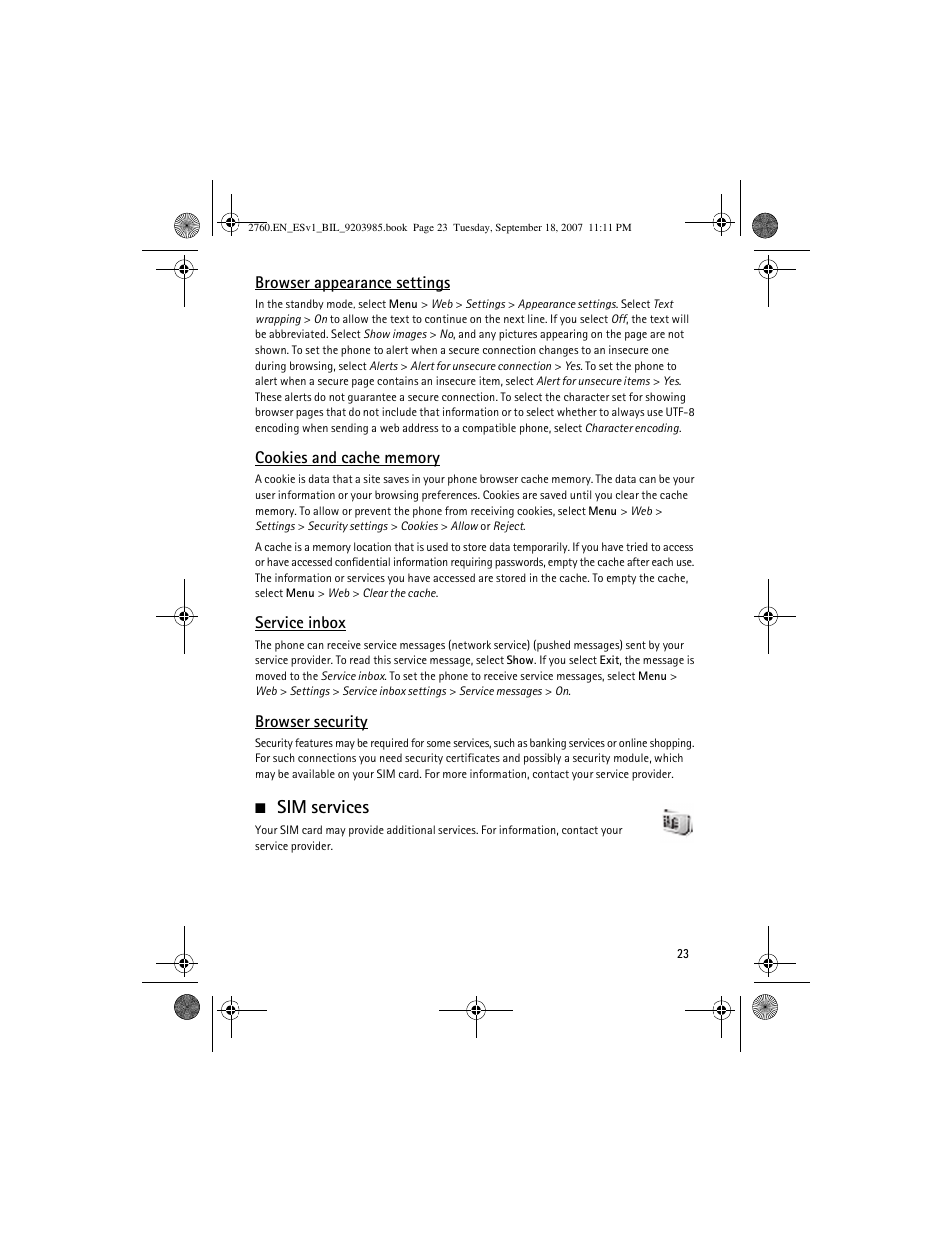 Sim services | Nokia 2760 User Manual | Page 23 / 69