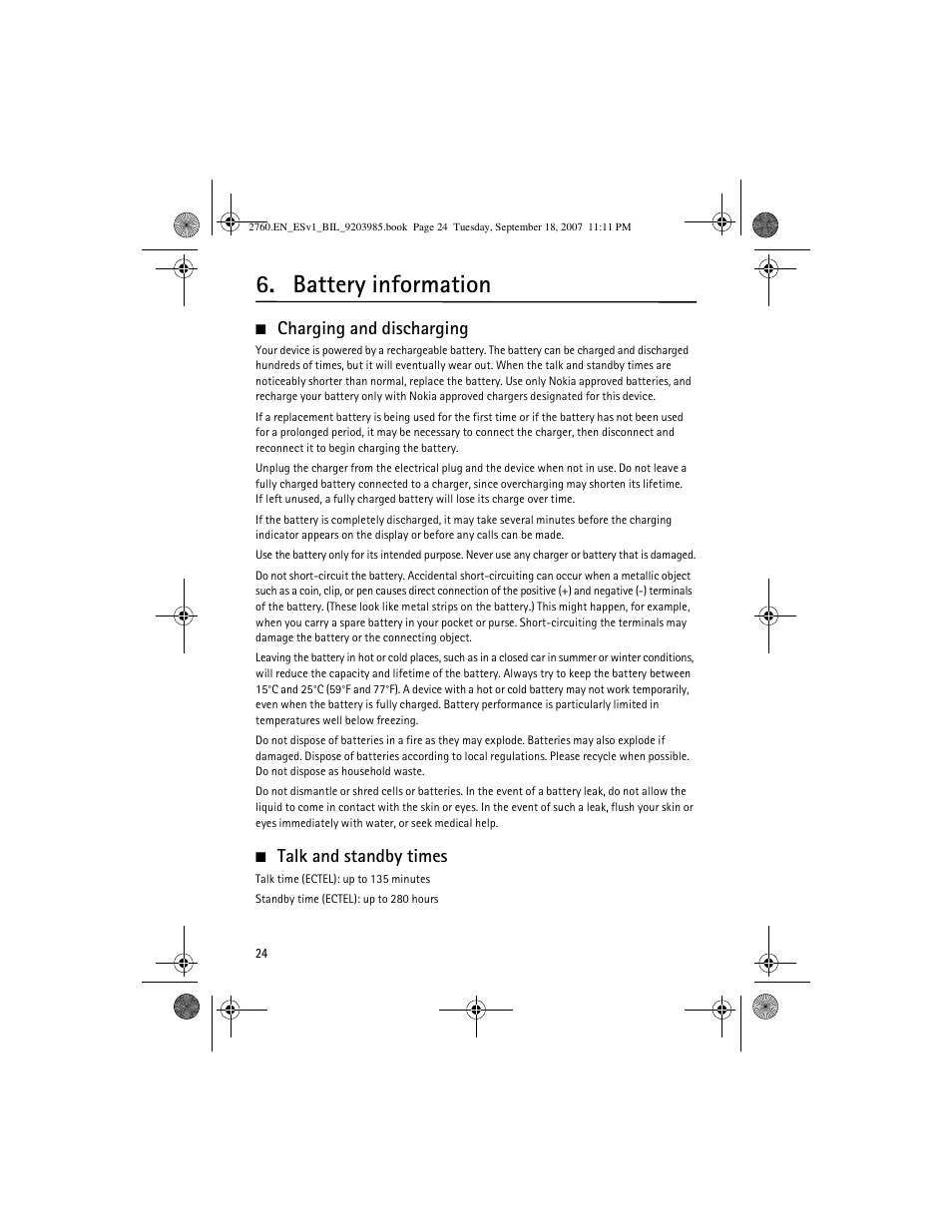 Battery information, Charging and discharging, Talk and standby times | Charging and discharging talk and standby times | Nokia 2760 User Manual | Page 24 / 69
