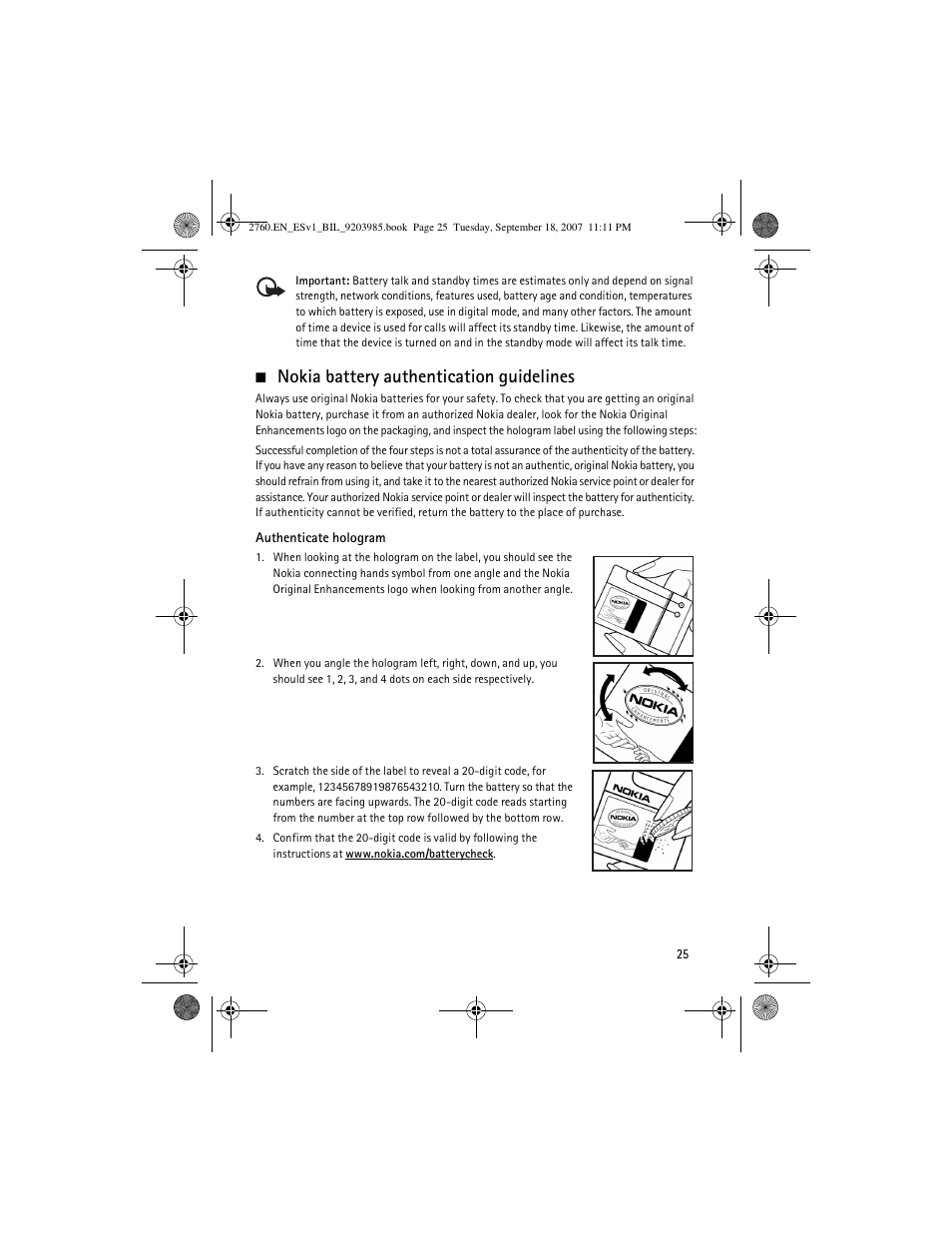 Nokia battery authentication guidelines, Nokia battery authentication guidelines. 25 | Nokia 2760 User Manual | Page 25 / 69