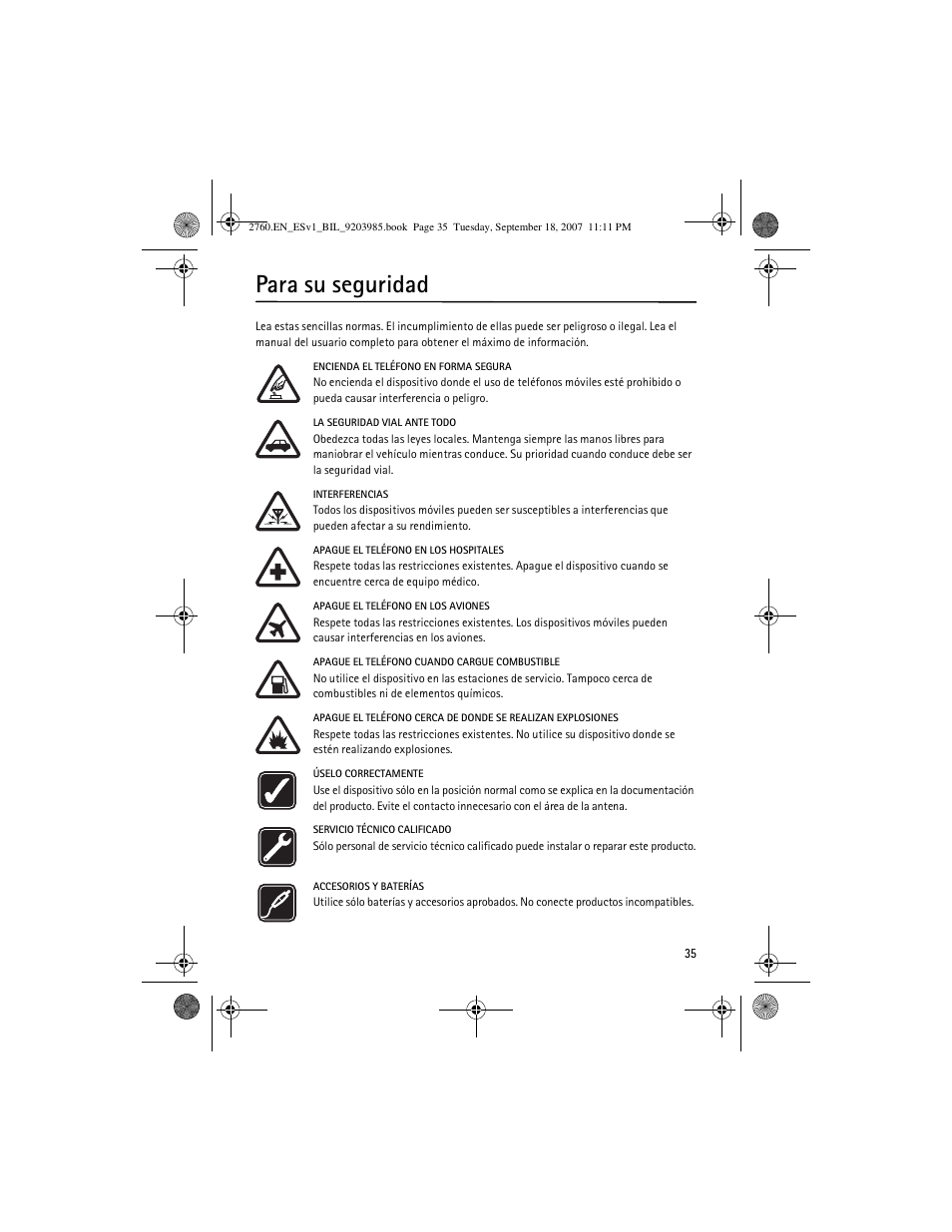 Para su seguridad | Nokia 2760 User Manual | Page 36 / 69