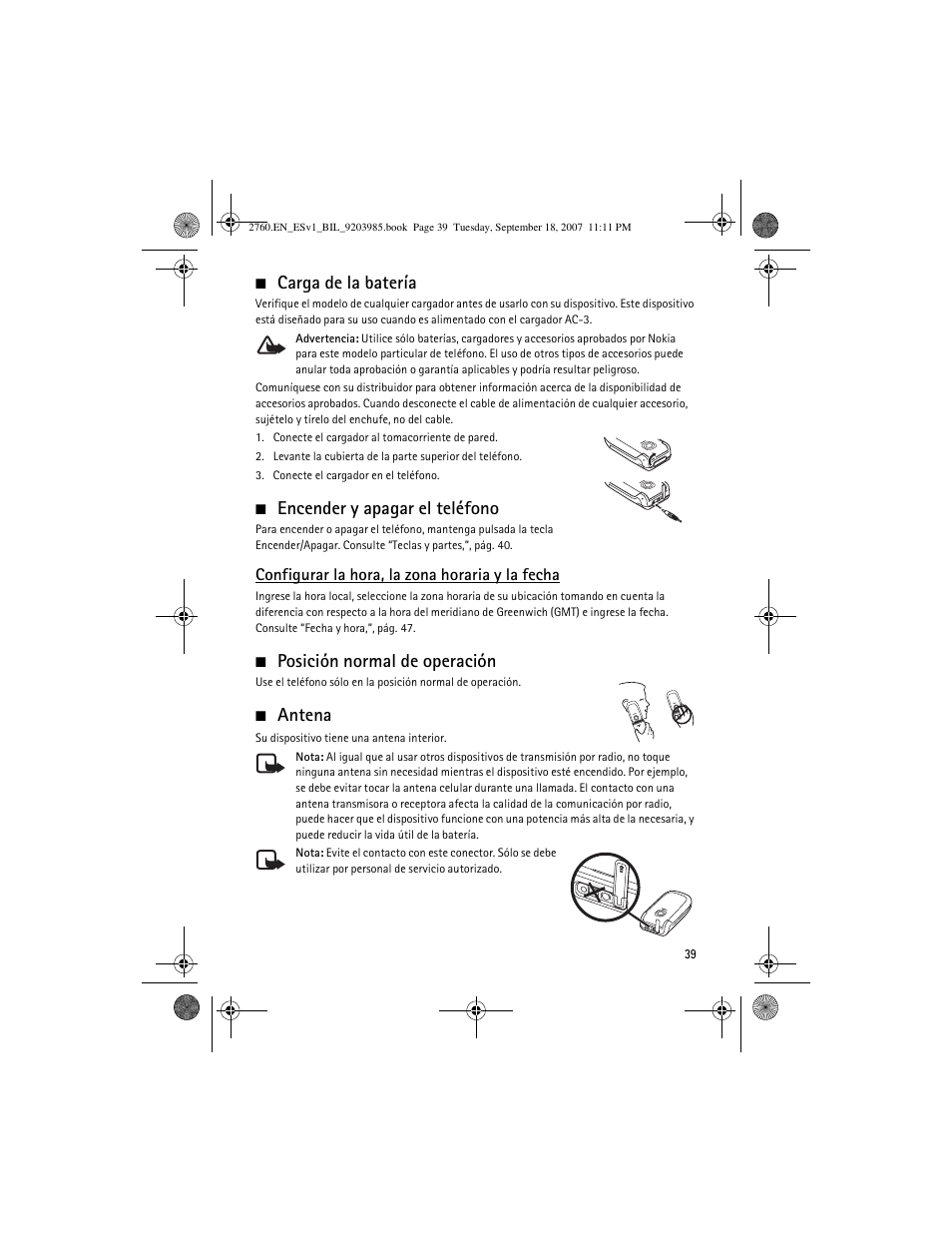 Carga de la batería, Encender y apagar el teléfono, Posición normal de operación | Antena | Nokia 2760 User Manual | Page 40 / 69
