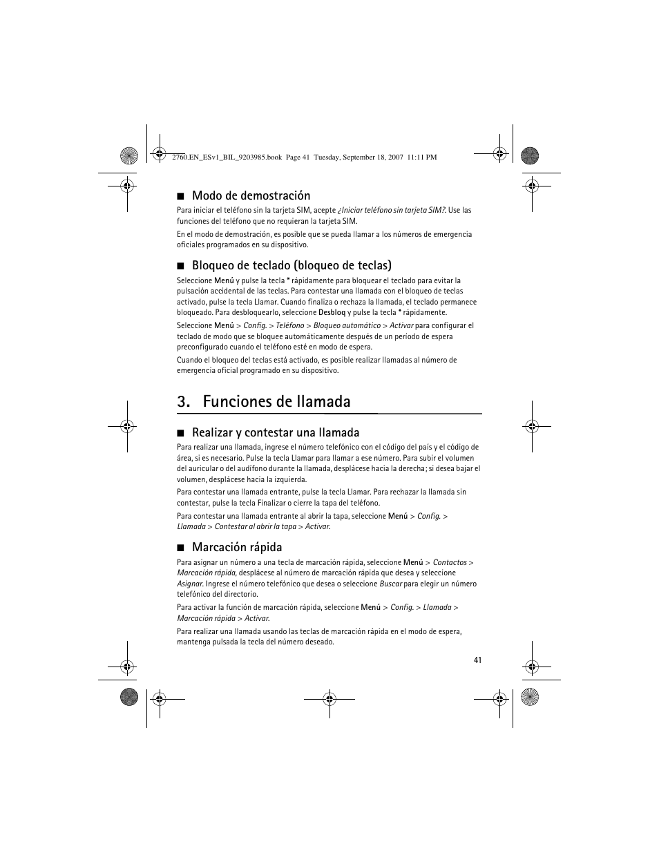 Modo de demostración, Bloqueo de teclado (bloqueo de teclas), Funciones de llamada | Realizar y contestar una llamada, Marcación rápida, Realizar y contestar una llamada marcación rápida | Nokia 2760 User Manual | Page 42 / 69