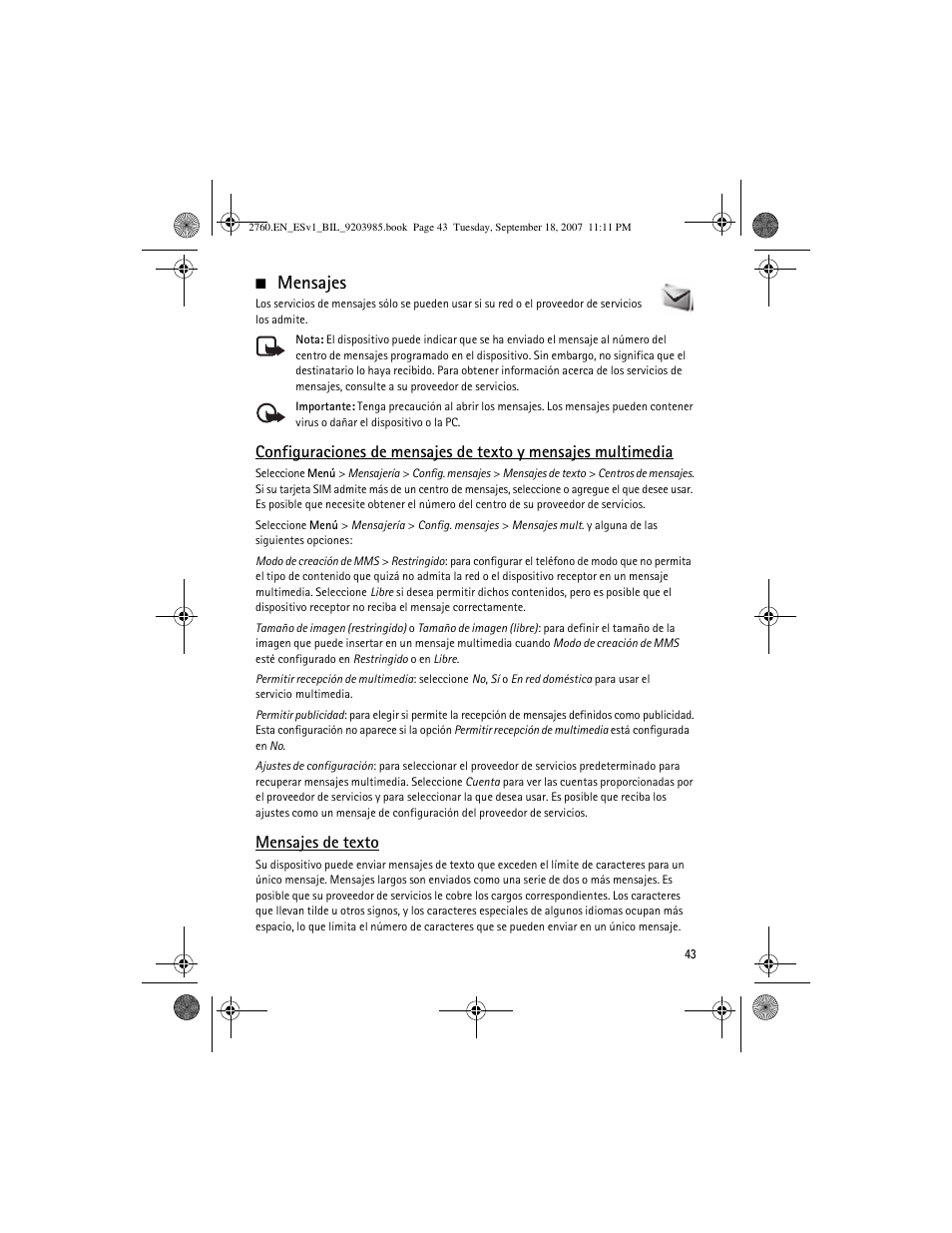 Mensajes, Mensajes de texto | Nokia 2760 User Manual | Page 44 / 69