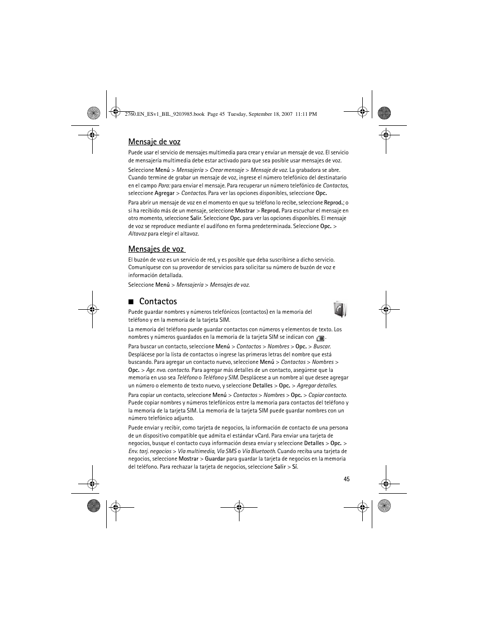 Contactos, Mensaje de voz, Mensajes de voz | Nokia 2760 User Manual | Page 46 / 69