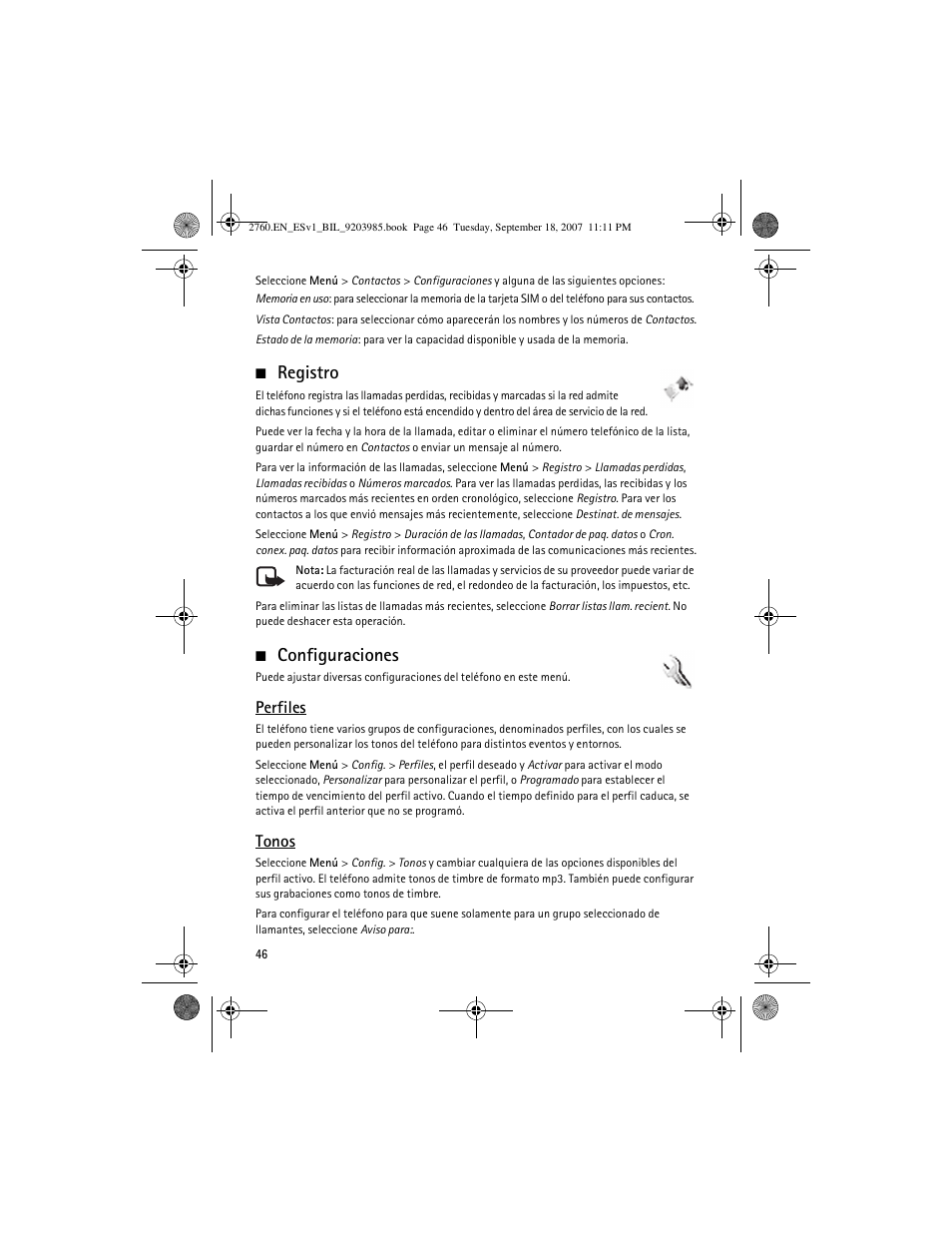 Registro, Configuraciones, Registro configuraciones | Perfiles, Tonos | Nokia 2760 User Manual | Page 47 / 69