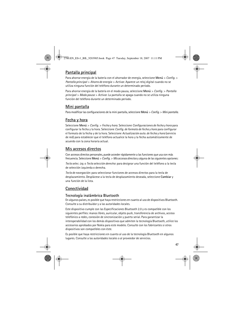 Fecha y hora | Nokia 2760 User Manual | Page 48 / 69