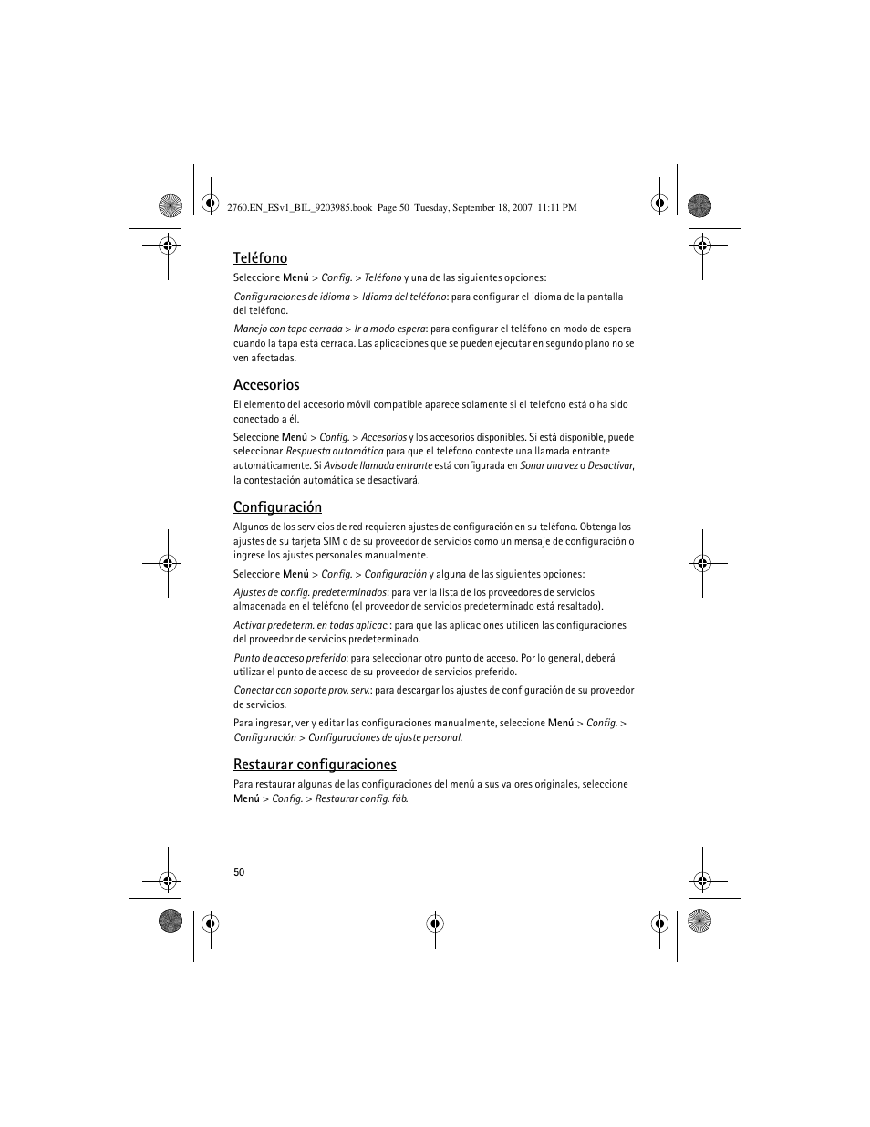 Teléfono, Accesorios, Configuración | Restaurar configuraciones | Nokia 2760 User Manual | Page 51 / 69