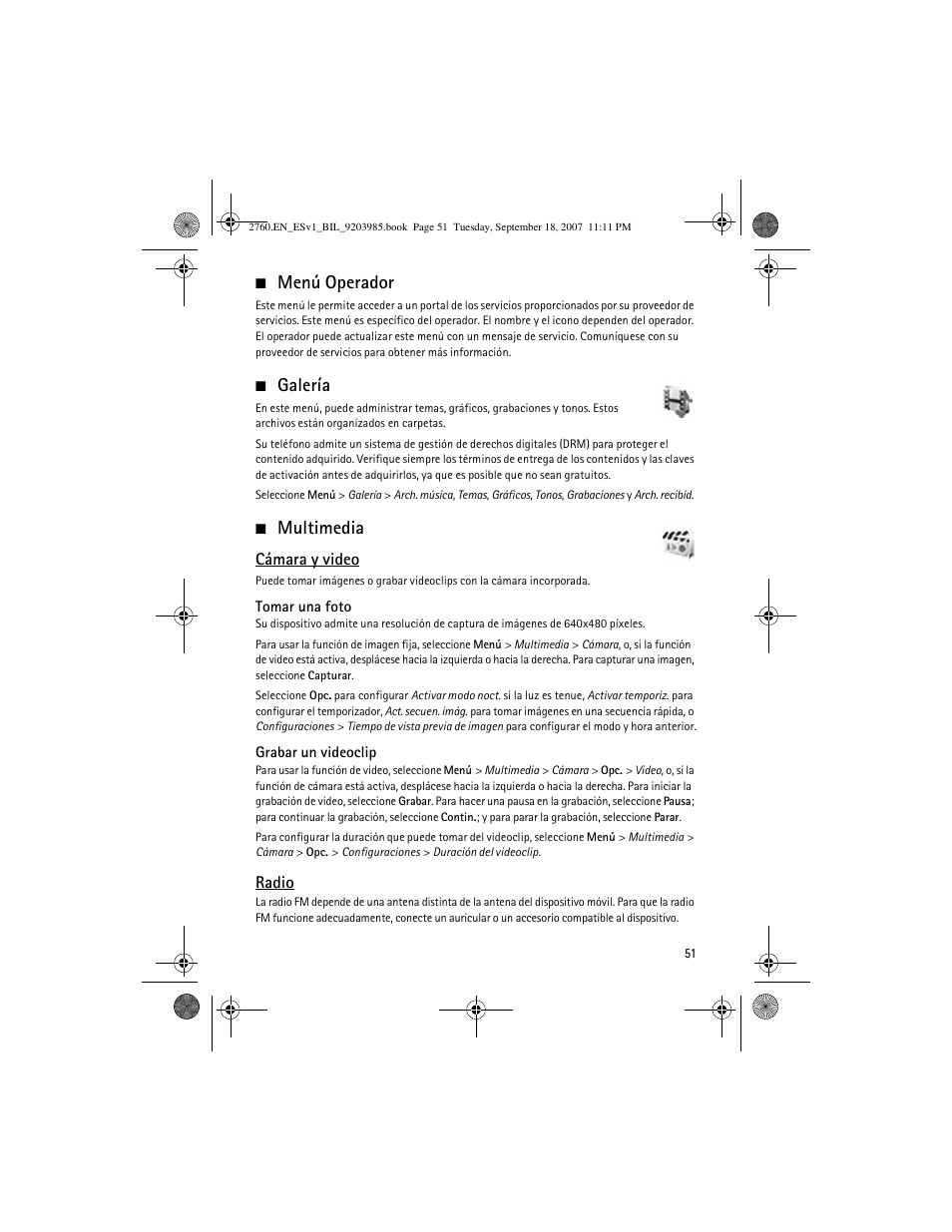 Menú operador, Galería, Multimedia | Menú operador galería multimedia | Nokia 2760 User Manual | Page 52 / 69