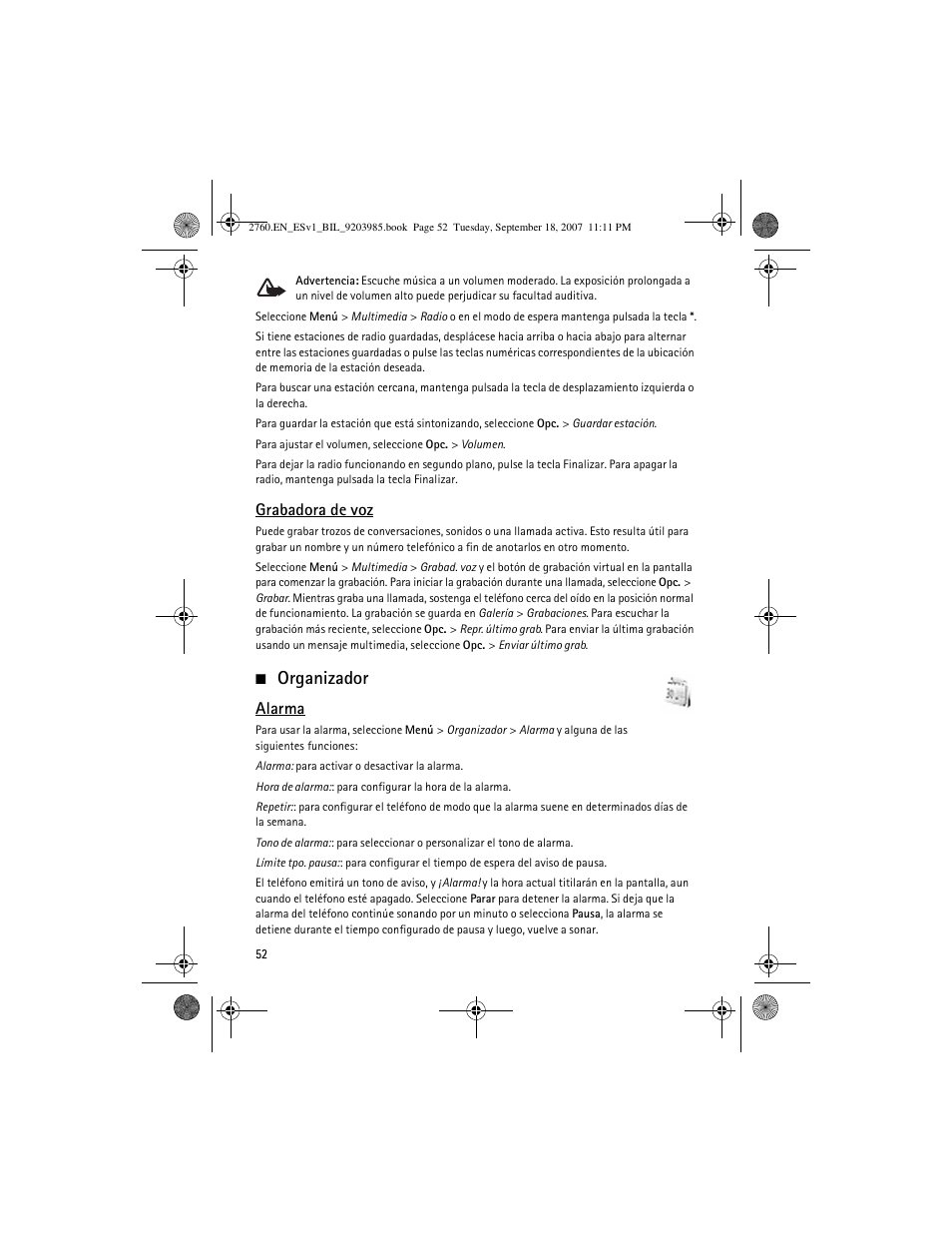 Organizador, Grabadora de voz, Alarma | Nokia 2760 User Manual | Page 53 / 69