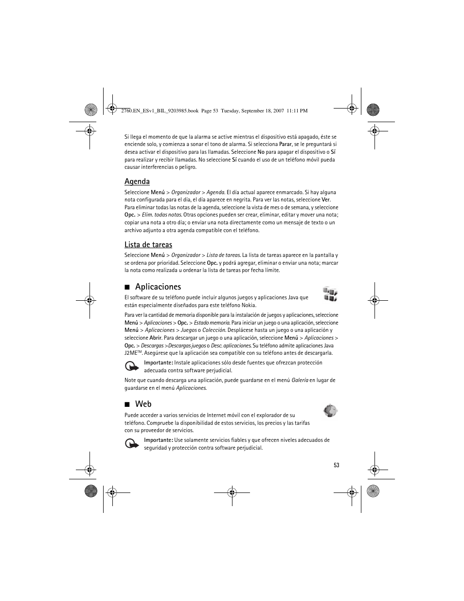 Aplicaciones, Aplicaciones web, Agenda | Lista de tareas | Nokia 2760 User Manual | Page 54 / 69