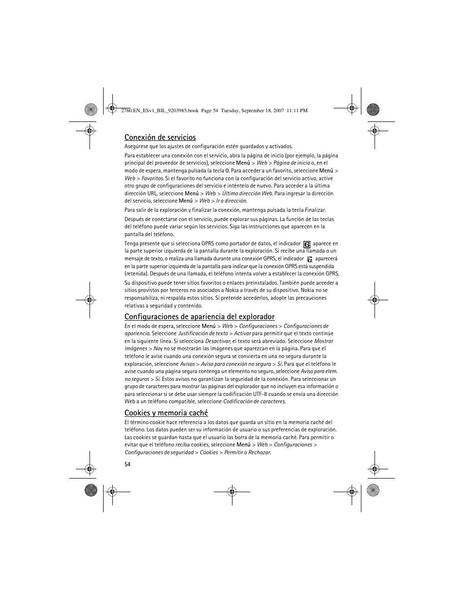 Conexión de servicios, Configuraciones de apariencia del explorador | Nokia 2760 User Manual | Page 55 / 69