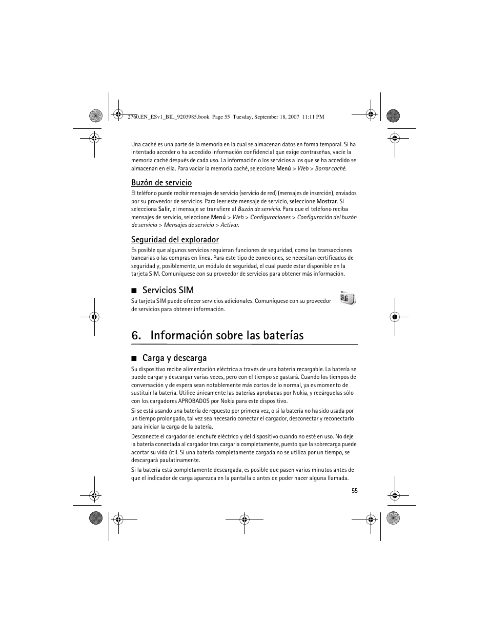 Servicios sim, Información sobre las baterías, Carga y descarga | Nokia 2760 User Manual | Page 56 / 69