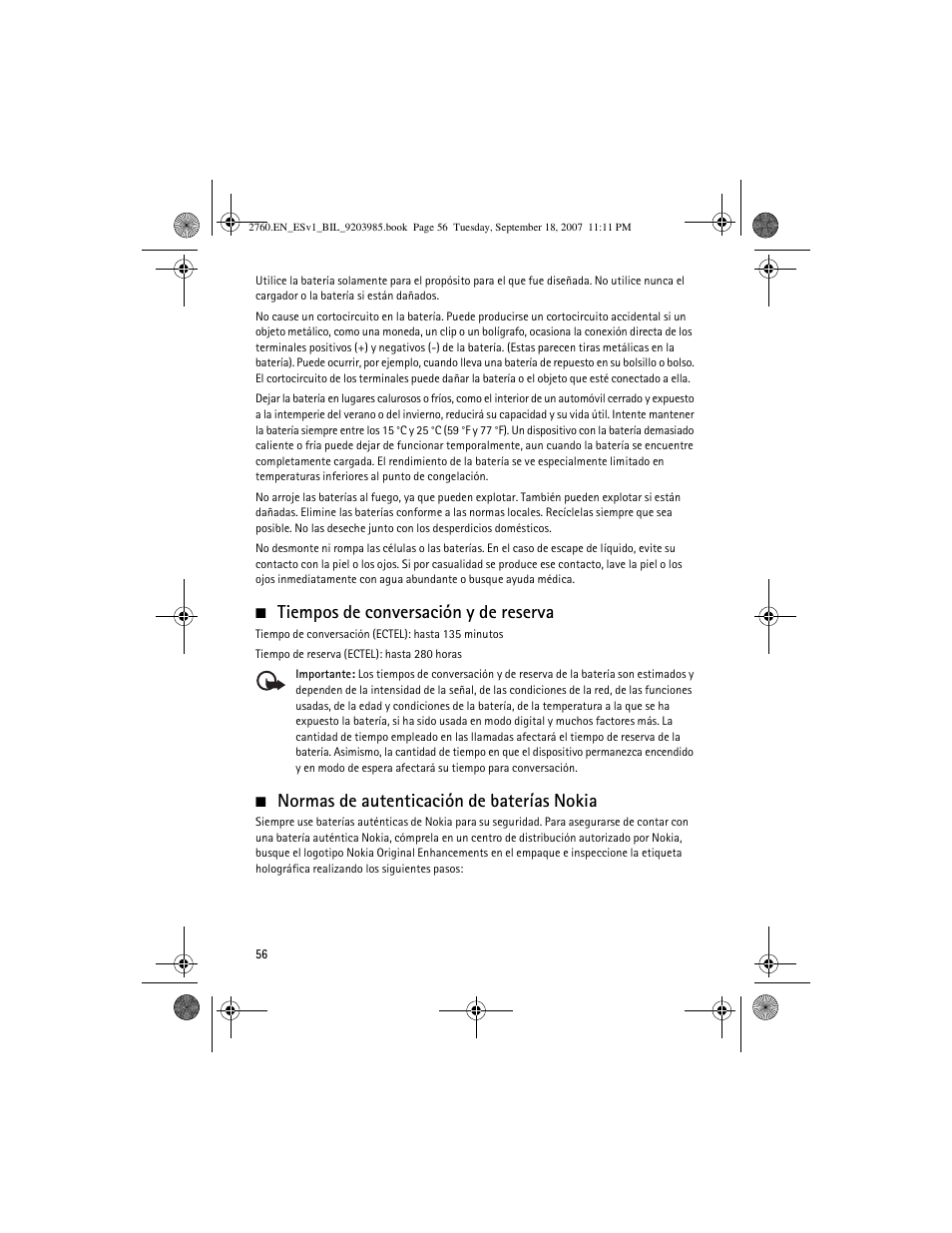 Tiempos de conversación y de reserva, Normas de autenticación de baterías nokia | Nokia 2760 User Manual | Page 57 / 69