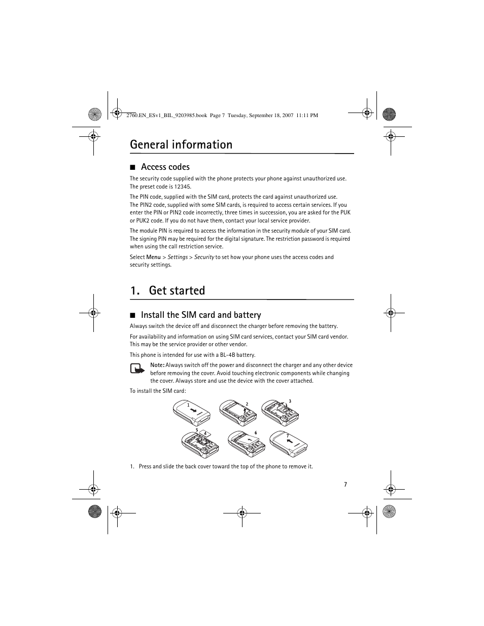 General information, Access codes, Get started | Install the sim card and battery | Nokia 2760 User Manual | Page 7 / 69