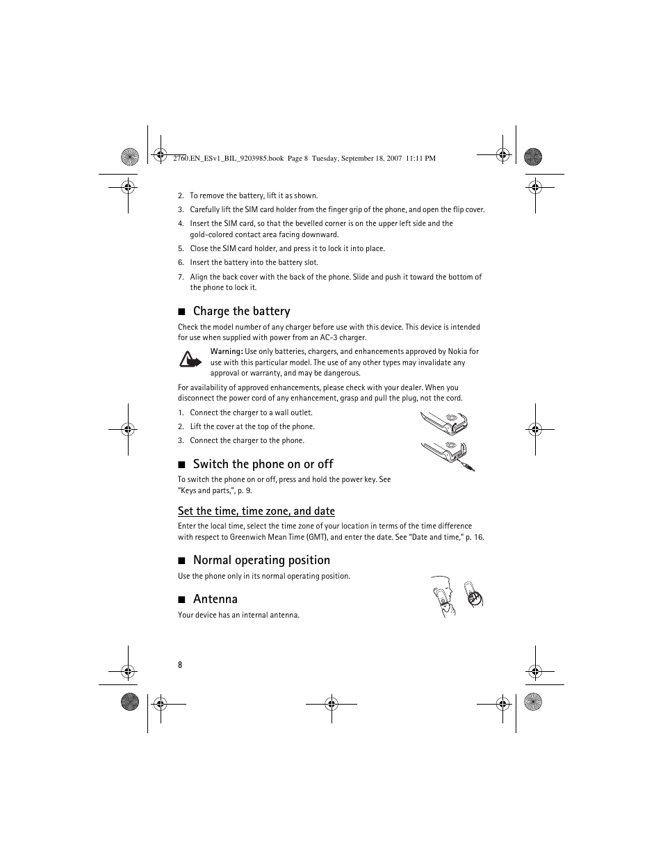 Charge the battery, Switch the phone on or off, Normal operating position | Antenna, Set the time, time zone, and date | Nokia 2760 User Manual | Page 8 / 69