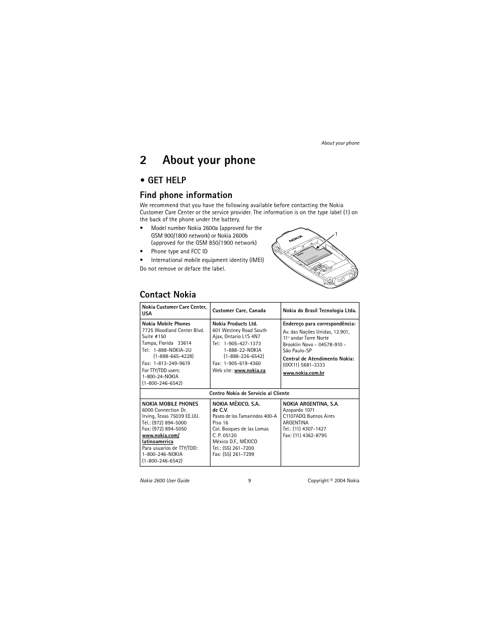 2 about your phone, Get help, About your phone | 2about your phone, Get help find phone information, Contact nokia | Nokia 2600 User Manual | Page 10 / 185