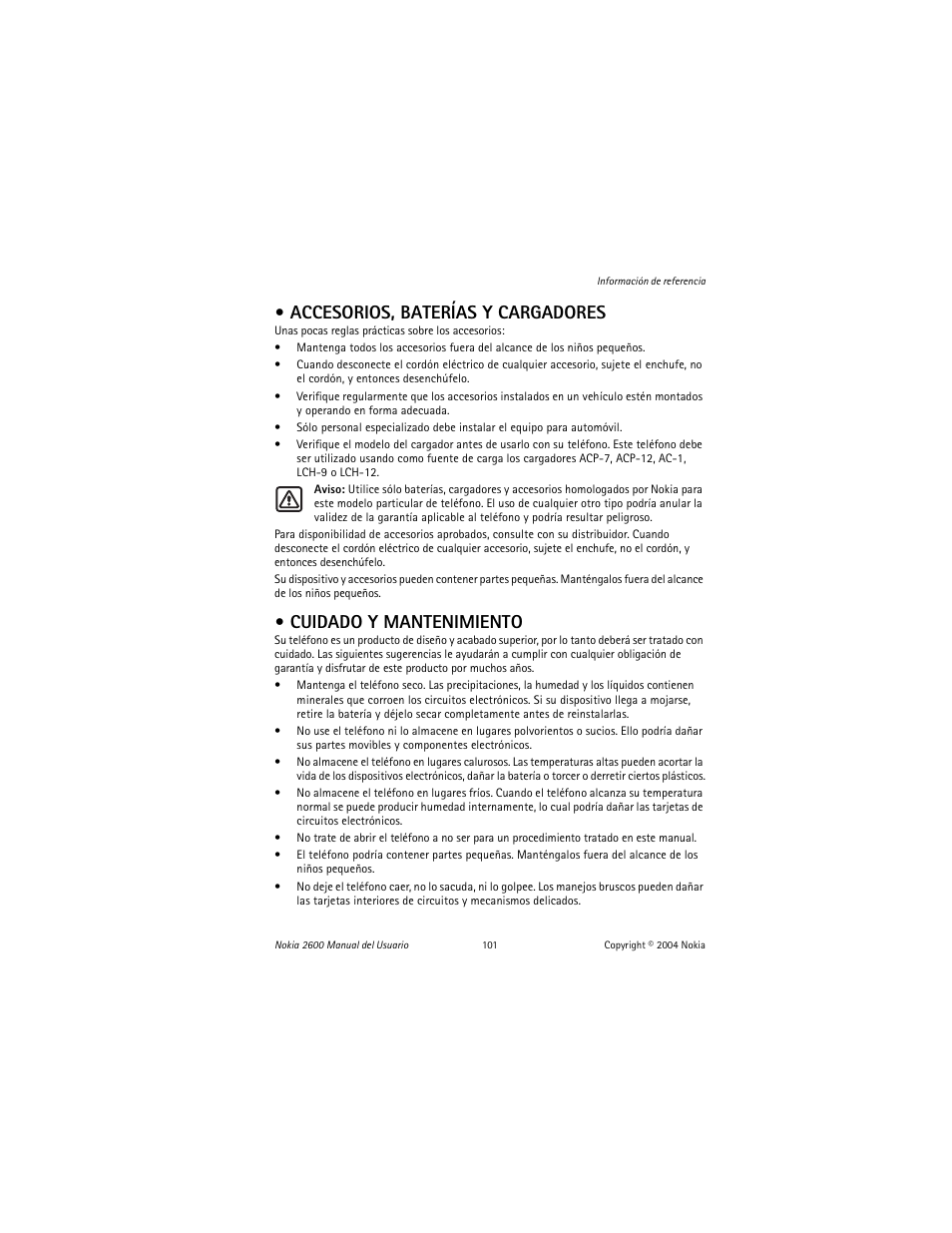 Accesorios, baterías y cargadores, Cuidado y mantenimiento | Nokia 2600 User Manual | Page 102 / 185