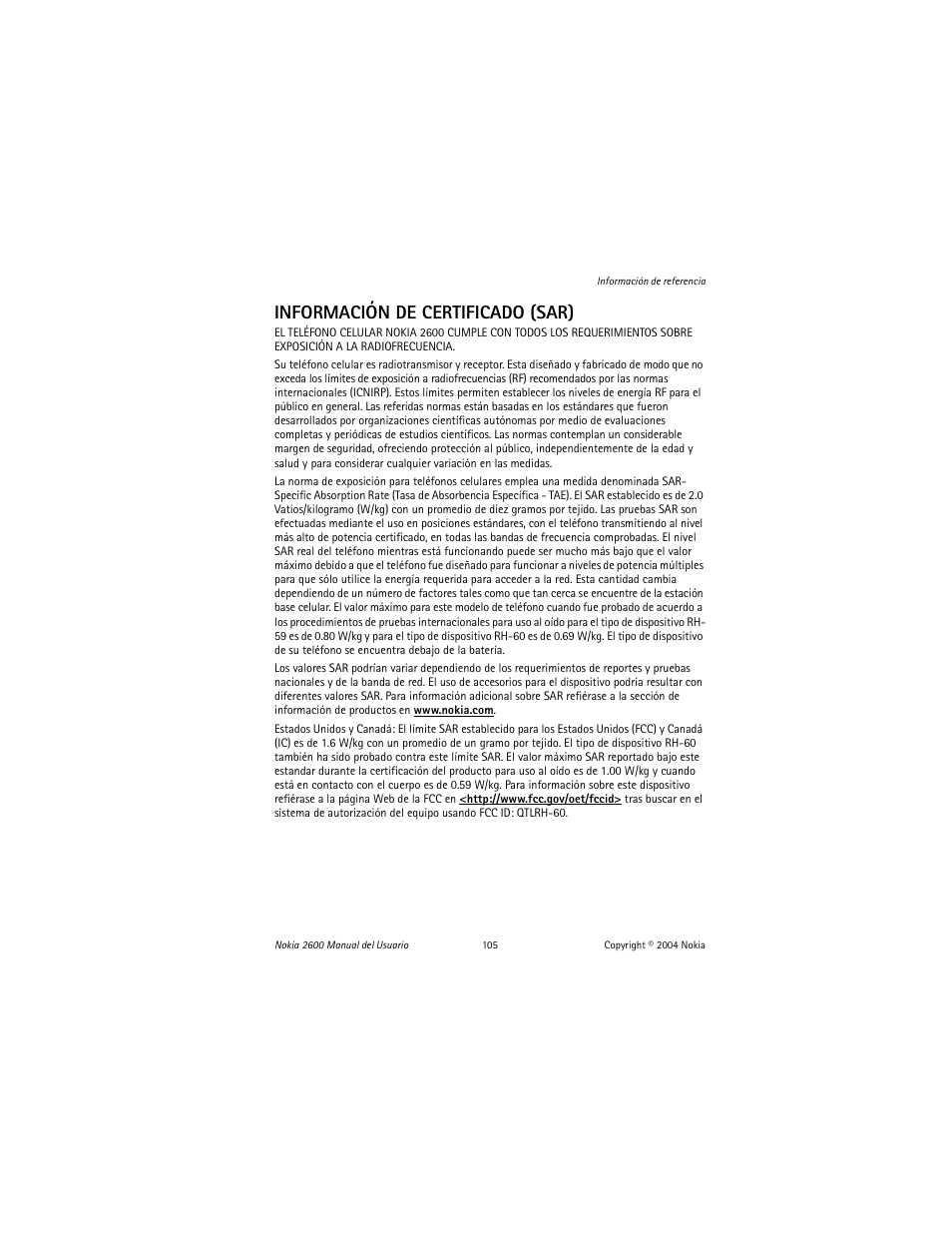 Información de certificado (sar) | Nokia 2600 User Manual | Page 106 / 185