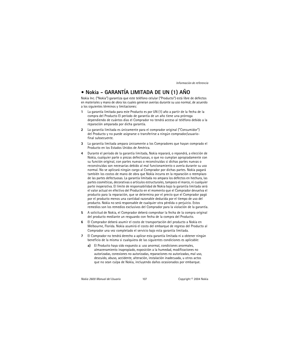 Nokia - garantía limitada de un (1) año | Nokia 2600 User Manual | Page 108 / 185