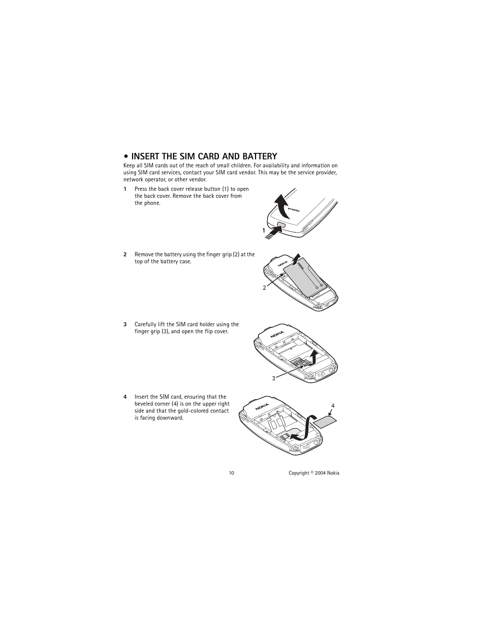 Insert the sim card and battery | Nokia 2600 User Manual | Page 11 / 185